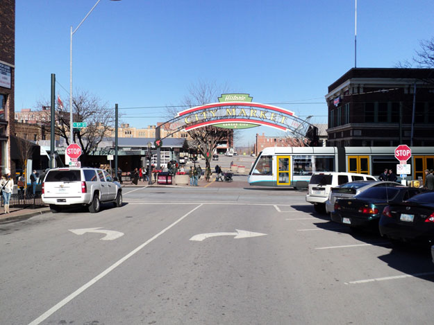 Streetcar operating westbound on 5th Street near City Market.