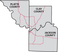 Clay, Jackson and Platte counties map